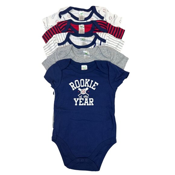 Baby Boy Baseball-Themed Short-Sleeve Bodysuit Set Soft Set Of 5 Sz 12M- New - Picture 1 of 15